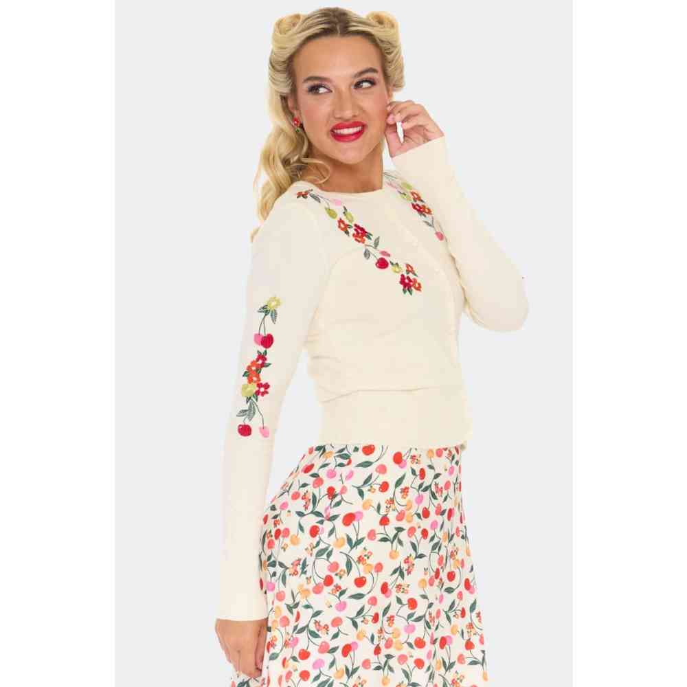 Voodoo Vixen - Floral Cherry Embroidered Cardigan - Creme